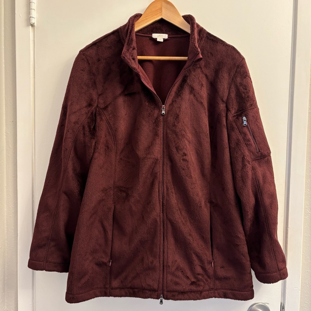 j Jill Fit Women's Full Zip Burgundy Plush‎ Jacket Coat Zip Side Pockets Size 1x